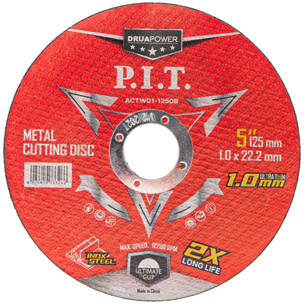 Диск отрезной по металлу и нерж. стали P.I.T. DRUA ACTW01-1250B (125x22,2x1,0мм, 10шт, метал. бокс)